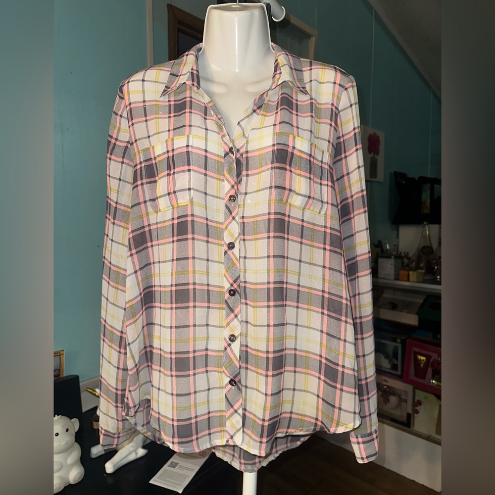 Blu Pepper Pink, Gray & Yellow Plaid Shirt